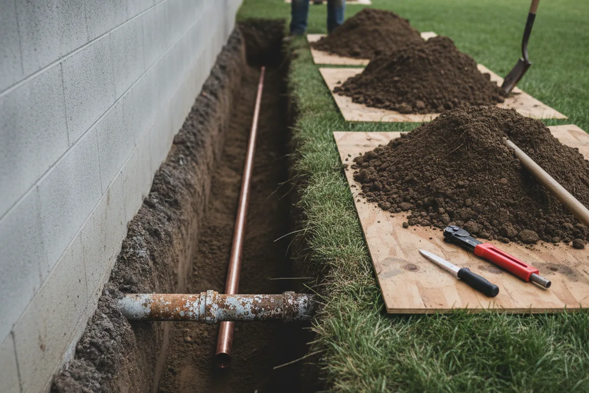 Excavated water line trench during Water Softener Installation in West Shokan